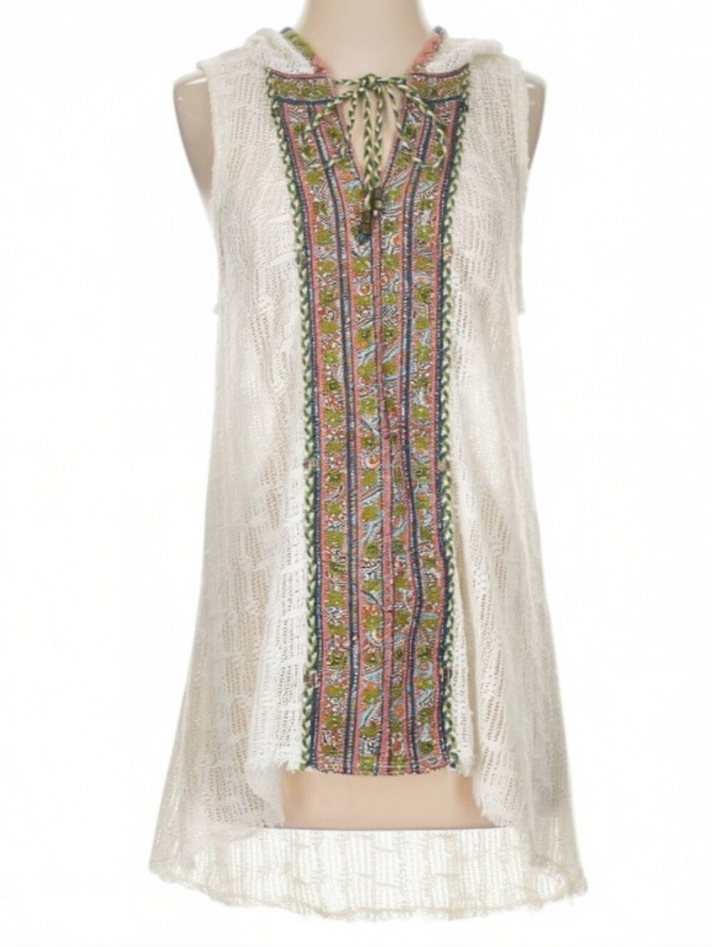 FREE PEOPLE Cali Dreams Hooded Tunic Tank Top Boho Knit White High Low Size S
